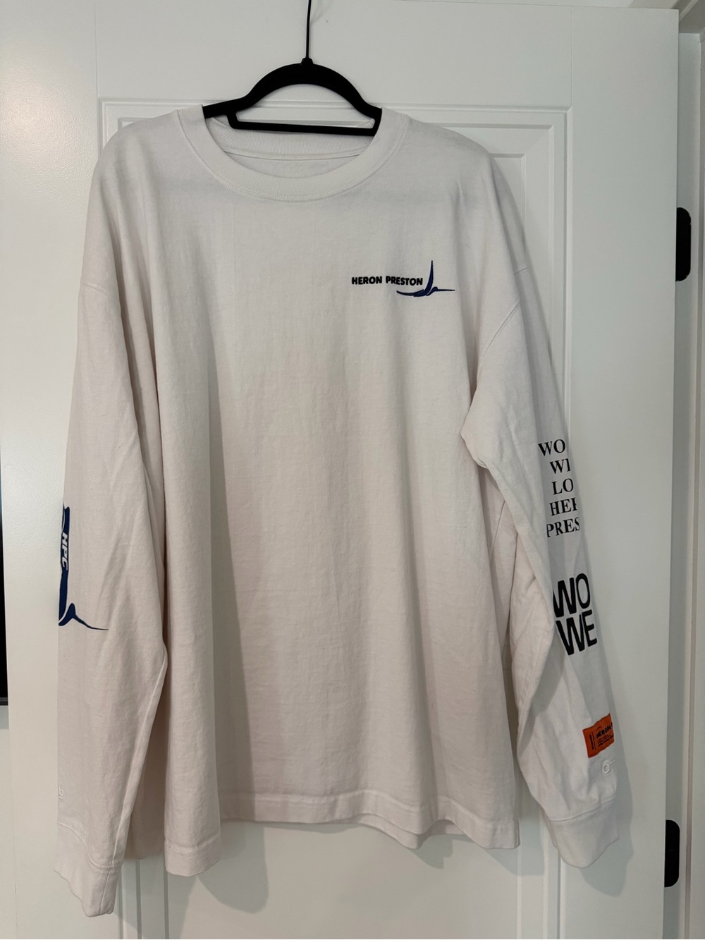 Heron Preston White Long-Sleeve Graphic Tee with Navy and Orange Accents